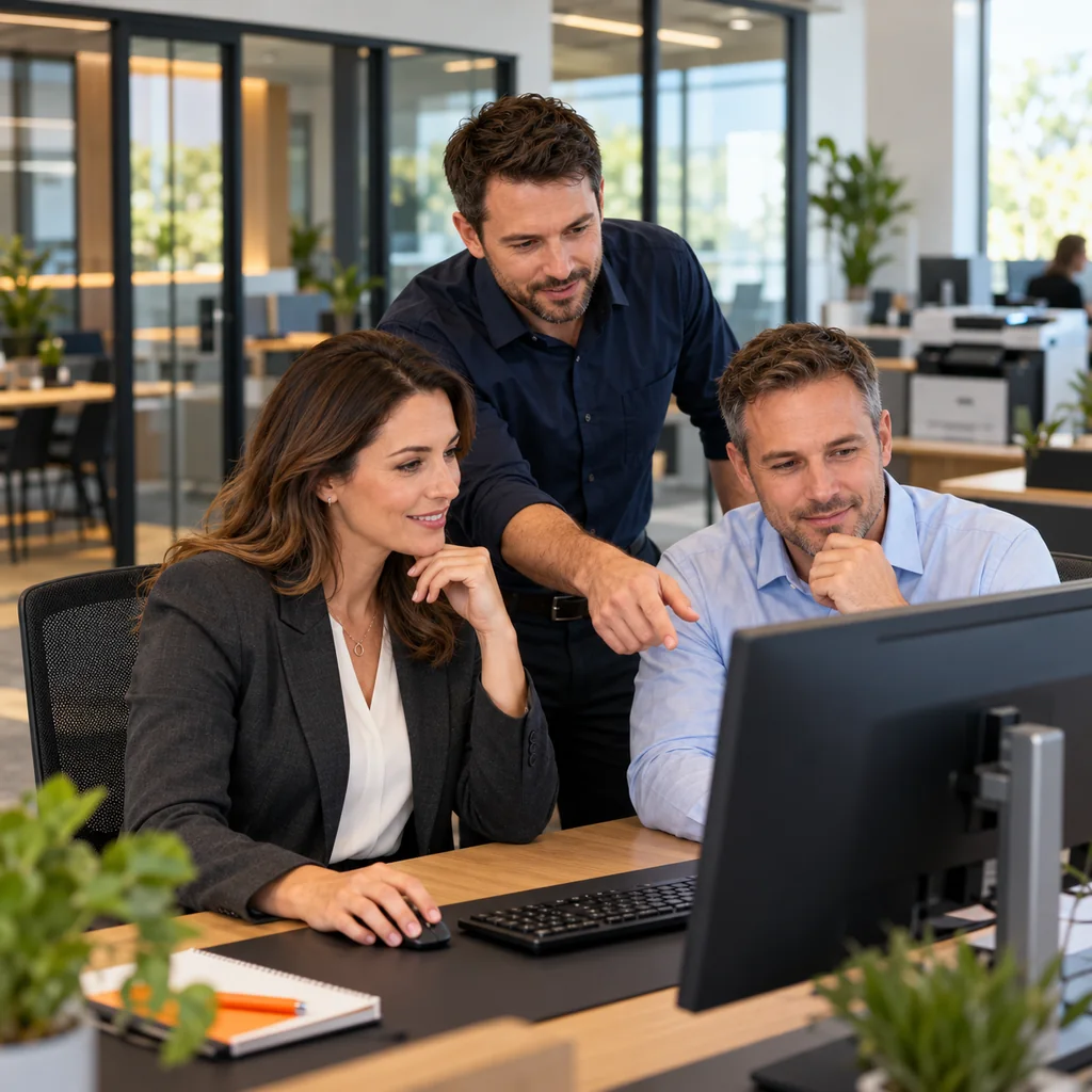 Illustrative scene of an IT specialist helping a business owner and colleague at an office workstation