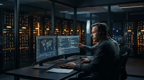 Support worker helping with a business computer